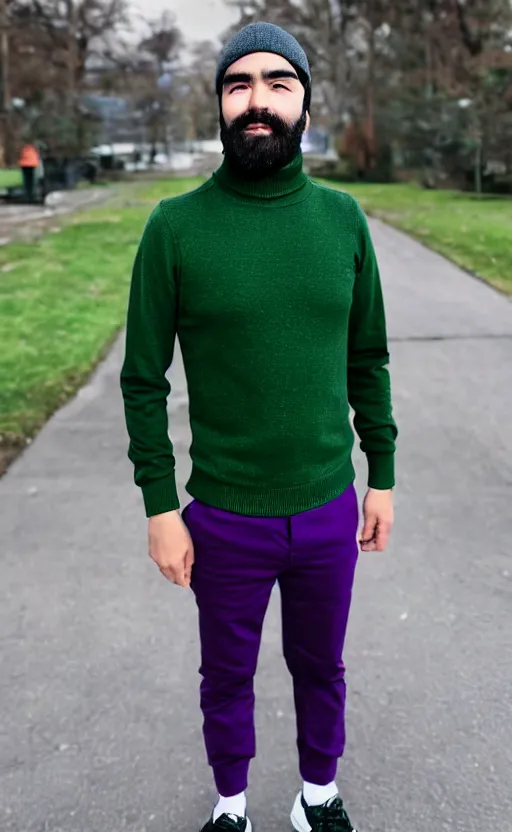 Prompt: a young man with a chin - style dark brown beard without mustache in a dark black cap, green turtleneck, purple pants and super white sneakers in full height, perfect manly face, masterpiece