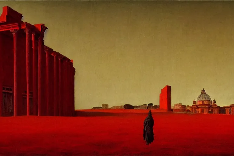 Image similar to only with red, caesar after war, the great deal, a red tiger, in hoc signo vinces, rome in background, an ancient path, in the style of beksinski, part by hopper, part by rodcenko, part by hofbauer, intricate composition, red by caravaggio, insanely quality, highly detailed, masterpiece, red light, artstation