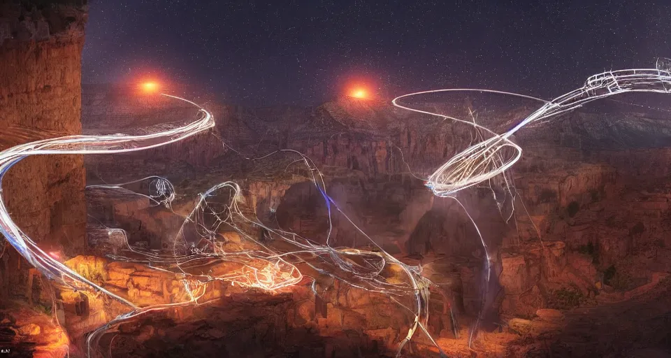 Prompt: miniature installation, macro photography, night, a lot of people and a spiral - shaped white luminous attractor is floating in grand canyon, concept art, art for the game, professional lighting, art