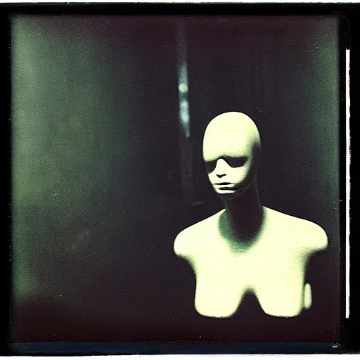 Image similar to a buzzard mannequin in a dark room, abandoned, creepy, eerie, scary, old polaroid, expired film, out or focus,