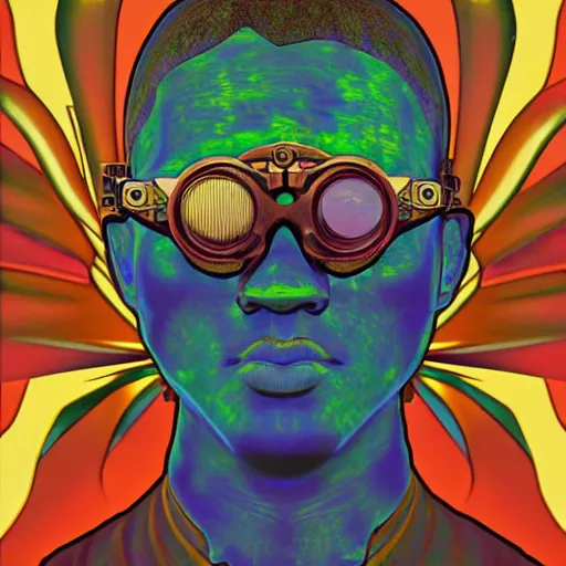 Image similar to colourful vfx upper half - portrait - art of a nigerian boywearing steam punk goggles, art by utagawa kunisada, james jean & alphonse mucha, symmetrical, intricate detail, concept art, volumetric light, ray tracing, caricature, digital illustration, octane 3 d render, unreal engine, sharp, pinterest, behance, art station,