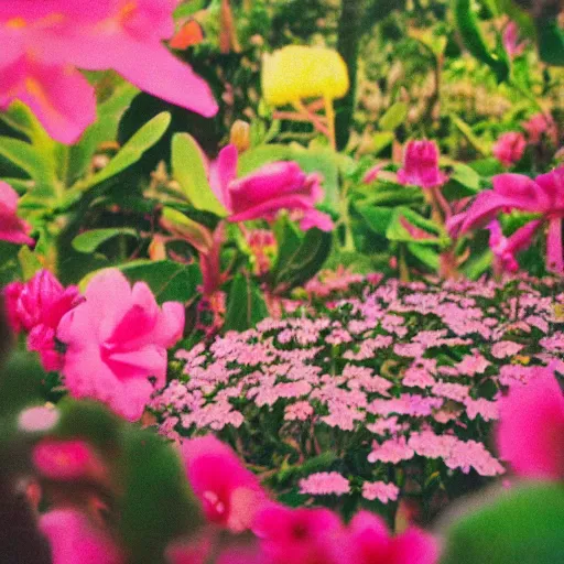 Image similar to realistic magic garden with multicolor flowers, close up, ektachrome, lomo