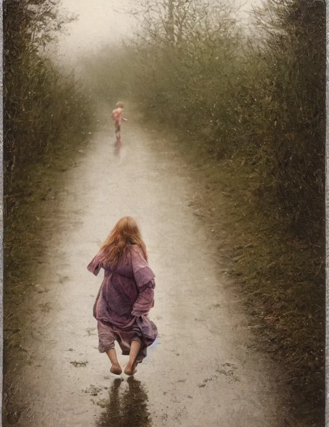 Prompt: peasant girl with long windy hair running under the rain, cottage core, cinematic focus, polaroid photo bleached vintage pastel colors high - key lighting, soft lights, foggy, by steve hanks, by lisa yuskavage, by serov valentin, by tarkovsky, 8 k render, detailed, oil on canvas