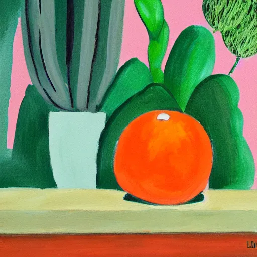 Prompt: an orange, surrounded by succulents, painted in the style of Matisse