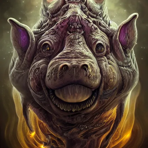 Image similar to a wlop 3 d render of very very very very highly detailed beautiful mystic portrait of a phantom undead hippo with whirling galaxy around, tattoos by anton pieck, intricate, extremely detailed, digital painting, artstation, concept art, smooth, sharp focus, illustration, intimidating lighting, incredible art,