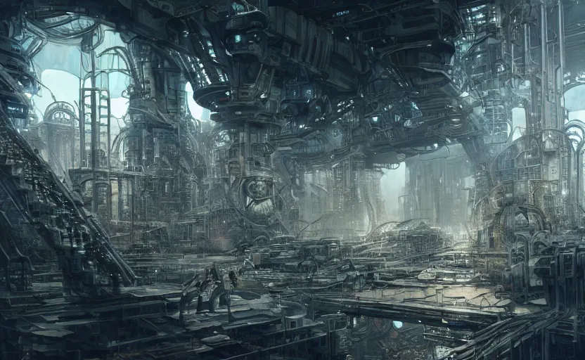 Prompt: Industrial complex, hyperrealistic mixed media, stunning 3d render inspired art by P. Craig Russell and Barry Windsor-Smith + perfect facial symmetry + dim volumetric lighting, 8k octane beautifully detailed render, post-processing, extremely hyperdetailed, intricate futuristic mechanic parts, epic composition, grim yet sparkling atmosphere, cinematic lighting + masterpiece, trending on artstation