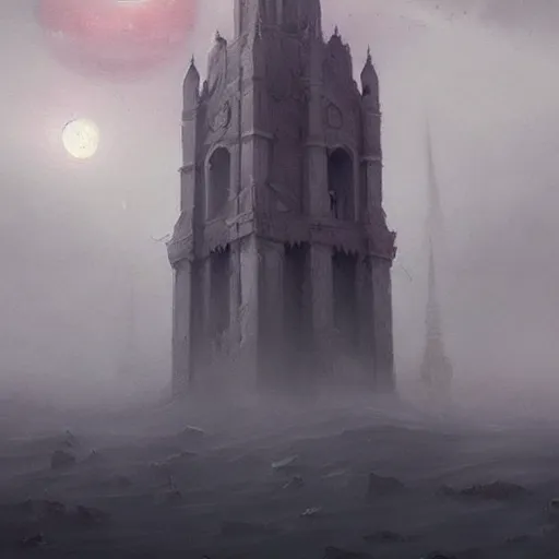 Prompt: A beautiful painting of a tower made out of marble reaching towards the sky, magical energy, surrounded by mist, big red moon in the background, detailed, by Greg Rutkowski, trending on artstation