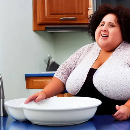 Prompt: a very obese woman doing the dishes, text your mom