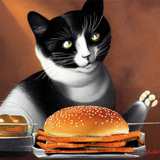 Image similar to a cat made of hamburgers, detailed digital art by salvadore dali,