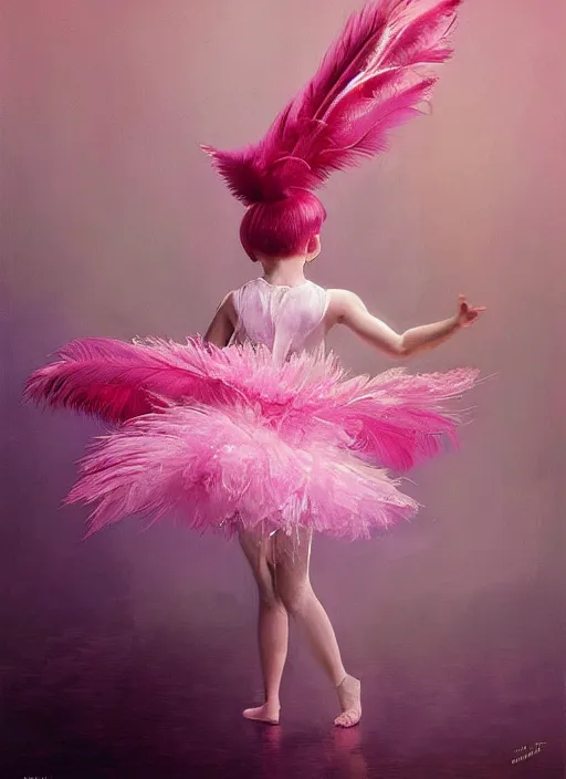 Image similar to beautiful little girl with an pink eccentric haircut wearing an dress made of feathers dancing on stage, artwork made by ilya kuvshinov, inspired in donato giancola, hd, ultra realistic, reflection, flowers, light, realistic face