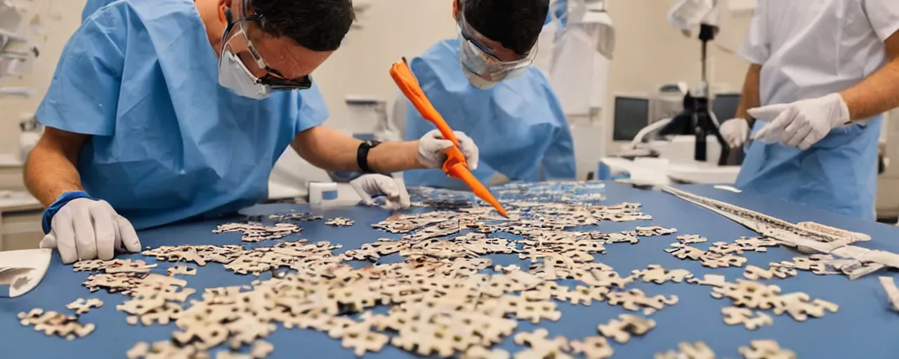 Prompt: a surgeon performing an operation on a jigsaw puzzle on a table