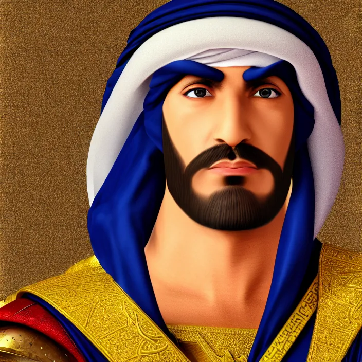 Prompt: portrait, captain falcon as sheik mohammad ruler of dubai, head and torso only, masterpiece, medieval arabia, sharp details,, hd, 4 k