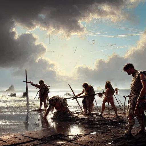 Prompt: a band of roman soldiers washing up on a sandy shore, tattered clothing, fragments of wood, crashing waves, by greg rutkowski, heroic, soaking wet, bright sun, calm sky, dramatic, realistic, detailed, ancient, artstation, artgerm, digital painting