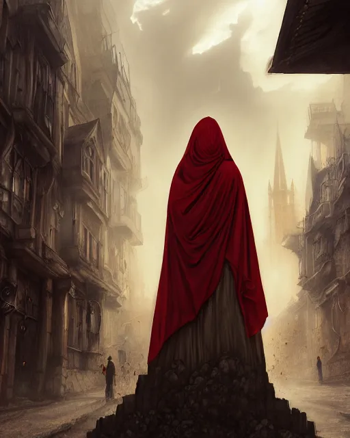 Prompt: cloaked woman, portrait, dirty alley, fantasy city, made of white stone and bright gold, built on the side of a volcano, gondor, misty, red gold color palette, medieval city, metropolis, gorgeous clouds, god rays, fantasy art, octane render, ureal engine, high detail, alphonse mucha, greg rutkowski, james gurney, johannes voss