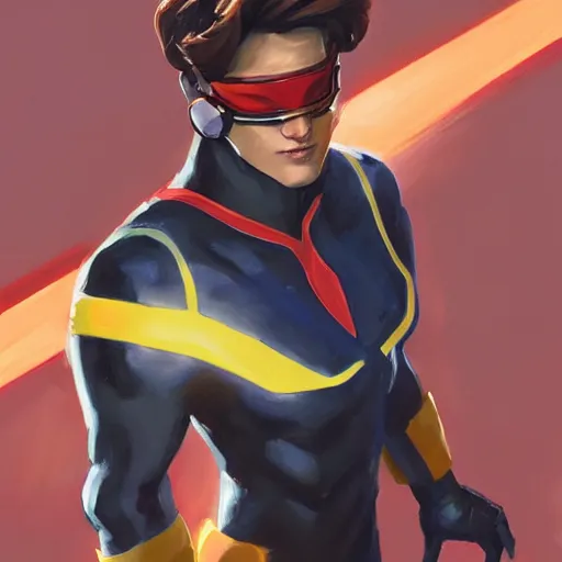 Image similar to greg manchess portrait painting of scott summers aka cyclops as overwatch character, medium shot, asymmetrical, profile picture, organic painting, sunny day, matte painting, bold shapes, hard edges, street art, trending on artstation, by huang guangjian and gil elvgren and sachin teng