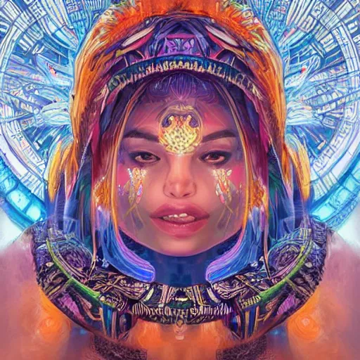 Image similar to portrait of a beautiful goddess future metaverse angel Ayahuasca tech shaman warrior, 2D cartoon, visionary art, symmetric, Magick symbols, holy halo, shipibo patterns, sci-fi, concept art, trending on art station, 8k digital art, by Mandy Jurgens, fantasy portrait art, anime