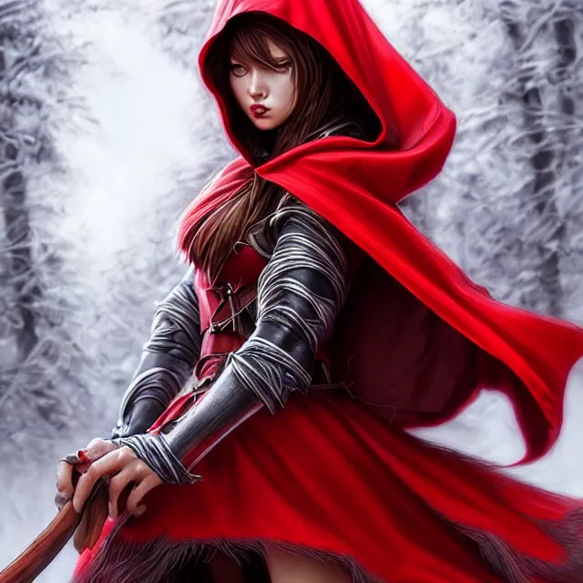 Image similar to beautiful!! red riding hood warrior artgerm highly detailed 8 k hdr smooth sharp focus high resolution award - winning photo photorealistic