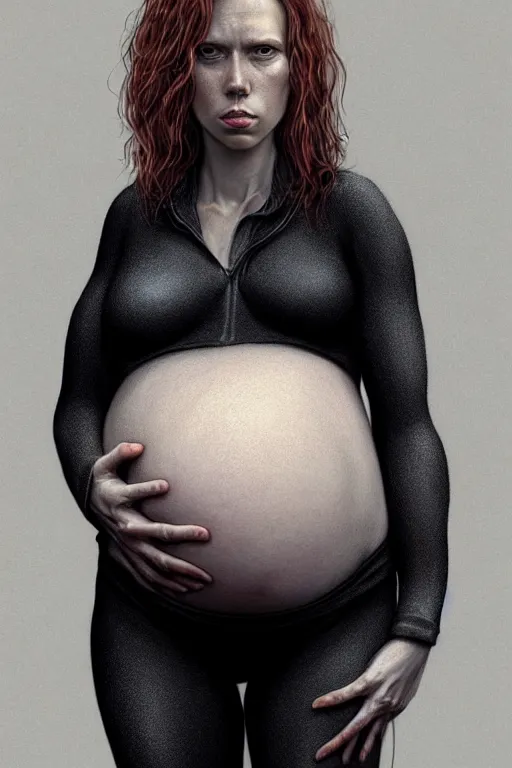 Image similar to pregnant black widow, realistic portrait annie leibovitz photography, symmetrical, highly detailed, digital painting, artstation, concept art, smooth, sharp focus, illustration, cinematic lighting