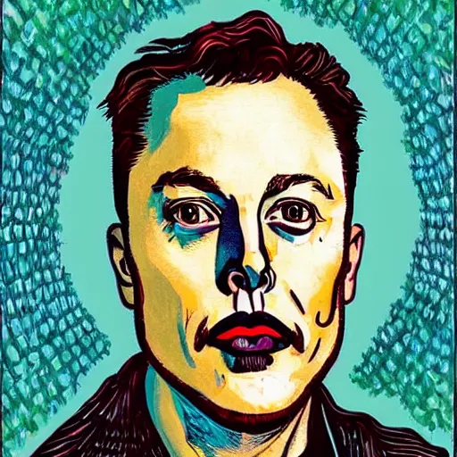 Image similar to portrait of elon musk, caricature,, mashup between mc escher and vincent van gogh