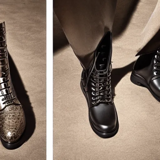 Prompt: an editorial photo of menswear medieval designer combat leather boots designed by alexander mcqueen, 4 k, studio lighting, wide angle lens