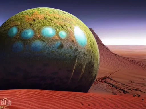 Prompt: A hyper detailed 3d render like a Oil painting of Terraforming Jezero Crater, a research outpost, levitating agricultural sphere, flora-lush-crater, Martian sands background, aesthetic, high-contrast, smooth, sharp focus, highly-detailed, unreal engine, by Greg Rutkowski, Chris Tulloch McCabe and Asher Duran,