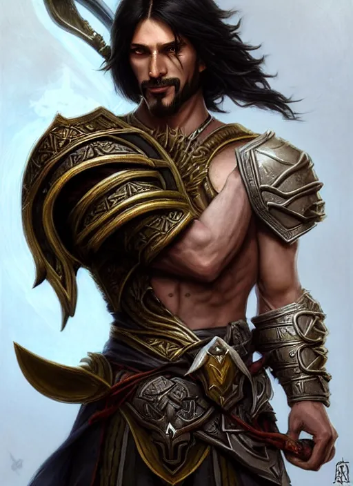 Image similar to portrait of an athletic male warrior as a diablo 3 character, looking at camera, D&D, sword master, long black hair, intricate, elegant, stylish, cute smile, fantasy, extremely detailed, digital painting, artstation, concept art, smooth, sharp focus, illustration, ambient lighting, art by artgerm and greg rutkowski and alphonse mucha and simon stalenhag