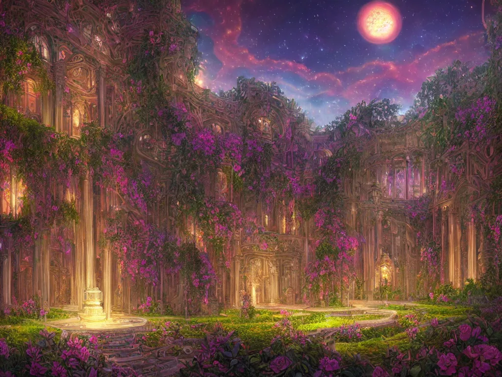 Image similar to beautiful highly detailed digital illustration of a celestial palatial garden with pillars of light towering above. by Andreas Rocha, colorful nebula in the night sky, stars, flowers and vines and creepers, establishing shot, cinematic, architecture, artstation HQ, HD, 8k resolution, featured in art magazine