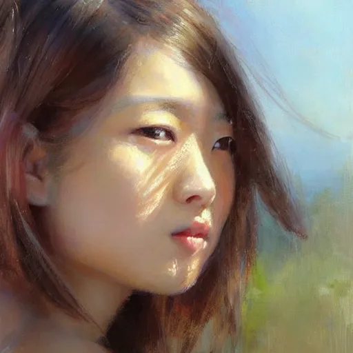 Image similar to “beautiful asian girl portrait in morning sun, Danile Gerhartz, oil painting, high resolution, highly detailed”