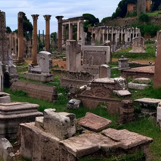 Image similar to Filmed photo of Rome necropolis, with satanic sculls