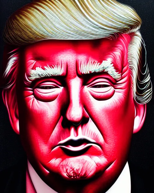 Prompt: highly detailed portrait of donald trump by casey weldon, serene, 4 k resolution, red, black and white color scheme