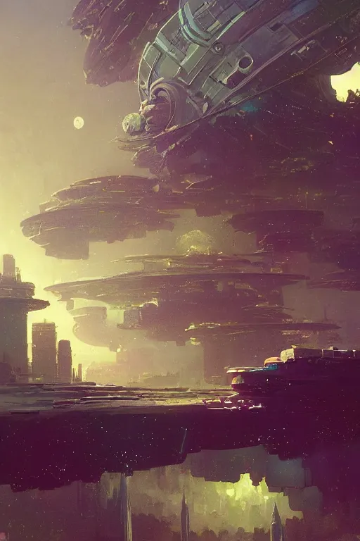 Image similar to Artificial planet with giant buildings and a space station. Beeple, grimshaw, thomas cole, ismail inceoglu, winslow homer, greg rutkowski, gerald brom, marc simonetti, simon stalenhag, anton fadeev, donglu yu