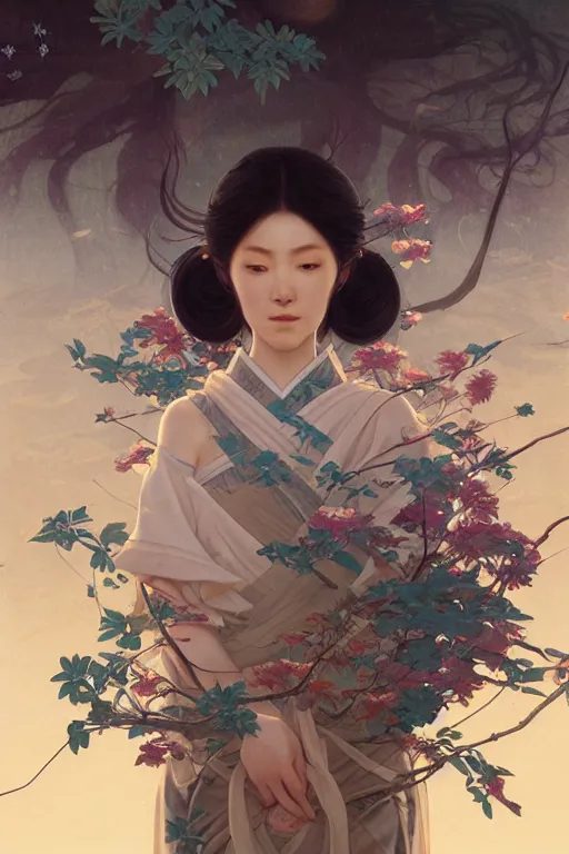 Image similar to Japanese goddess of nature, accurate anatomy, only two hands, highly detailed, digital painting, artstation, concept art, smooth, sharp focus, illustration, Unreal Engine 5, 8K, art by Ross Tran and greg rutkowski and alphonse Mucha