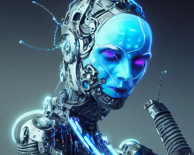 Prompt: funny blue eyes goth queen in cyborg cable suit, intricate abstract. intricate artwork, by tooth wu, wlop, beeple, dan mumford. concept art, octane render, trending on artstation, greg rutkowski very coherent symmetrical artwork. cinematic, key art, hyper realism, high detail, octane render, 8 k, iridescent accents