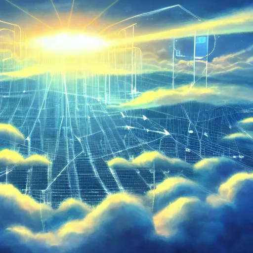 Image similar to this is a beautiful surreal scenery artwork from pixiv. it includes gigantic living inside network of cloud computing material, cloud buildings with internal computer infinites. god lighting, rays, sublimely cold color palette. insanely detailed, artstation!! pixiv!! infinitely detailed