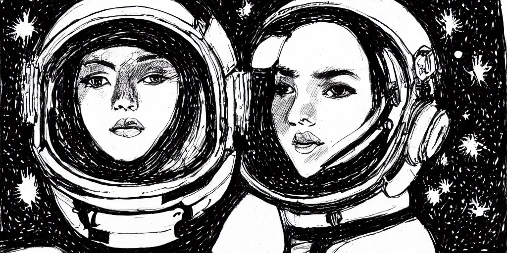 Image similar to ink lineart drawing of a beautiful young woman wearing a space helmet, dark lips, round eyes, space background, artstation, etchings by goya, chinese brush pen, illustration, high contrast, deep black tones contour