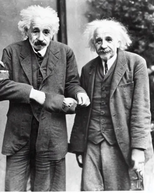 Prompt: an realistic photo of Albert Einstein holding a hand with 7 finders