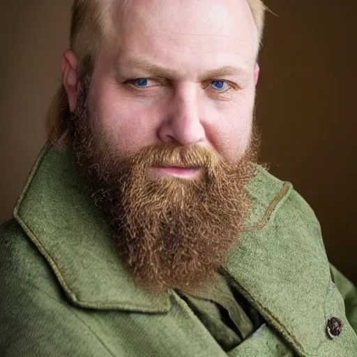 Prompt: close up of face of middle aged balding blond man with a blond beard and blond mutton chops, short wavy blond hair, green eyes, 1 8 0 0 s soldier, portrait, 4 k
