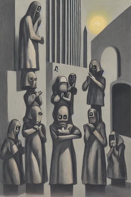 Prompt: fine illustration of five hooded disciples in masks praying to a fascist monument in a brutalist courtyard, lit from below, twilight, lowbrow surrealism, PJ Crook, Edward Hopper oil on canvas