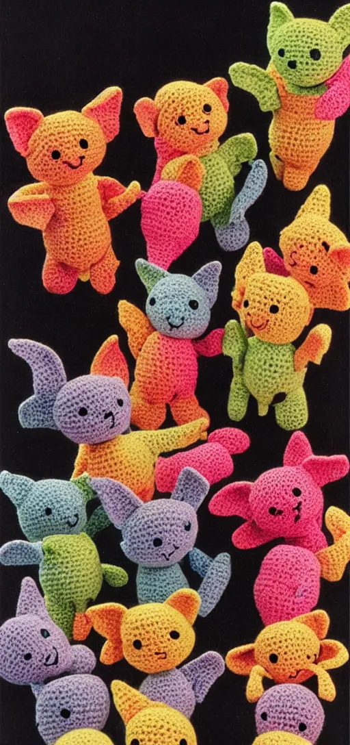 Image similar to multicolored crocheted bat kittens, 1 9 8 0 s catalogue photography