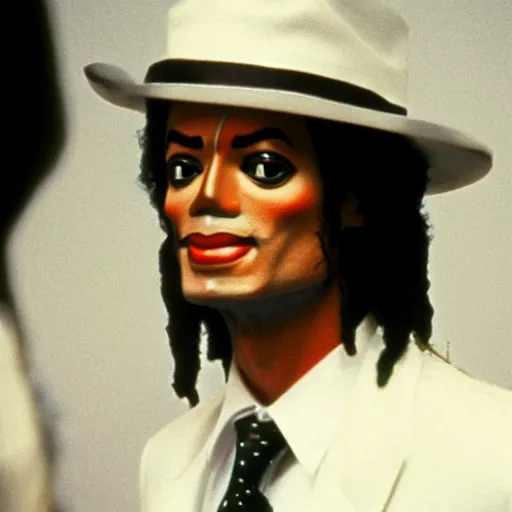 Image similar to a 1980s film still of Michael Jackson dressed as Snoop Dogg, 40mm lens, shallow depth of field, split lighting