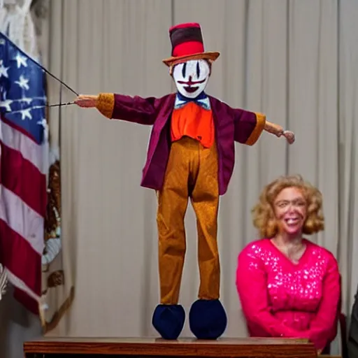 Image similar to puppet show of a string marionette of a president with clown makeup in a podium