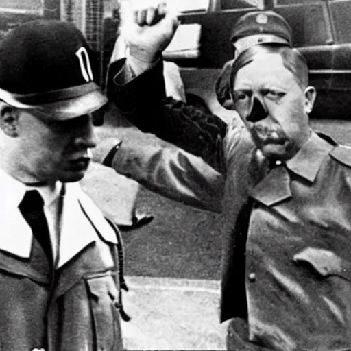 Image similar to A still of Hitler rap battling Eminem