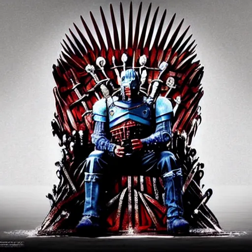 Image similar to optimus prime sitting on the iron throne, game of thrones, science fiction, artstation, pinterest, adobe photoshop