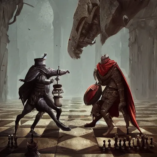 Prompt: two chess pieces fighting, the knight and the bishop on a wood chess board , fantasy art, in the style of greg rutkowski, illustration, epic, fantasy, intricate, hyper detailed, artstation, concept art, smooth, sharp focus, ray tracing