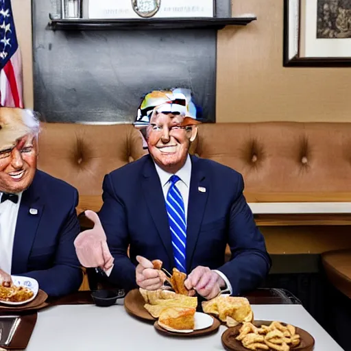 Image similar to photograph of trump and Biden sitting and eating breakfast at a Wafflehouse