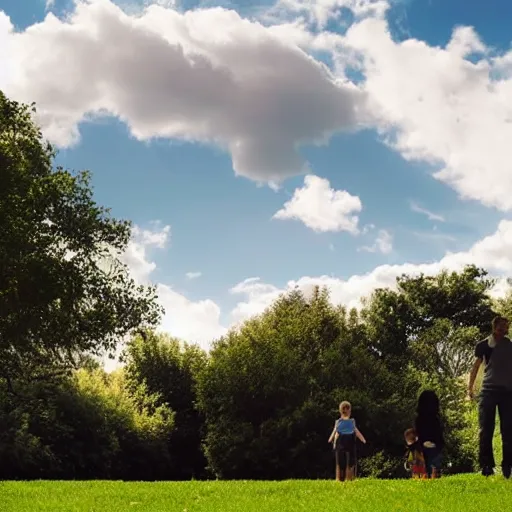 Image similar to minimalistic art of a family day out in the park, sunny day with clouds, award - winning masterpiece