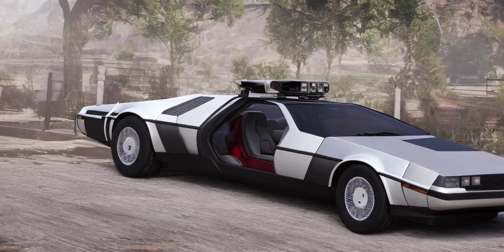 Image similar to updated sleek concept for a delorean, cinematic, photoreal, by red dead redemption 2