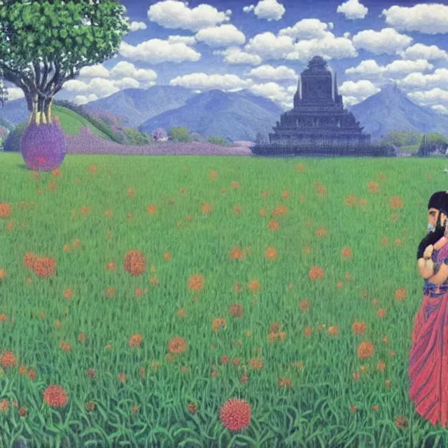 Image similar to hindu goddess kaali in distance looking at you in beautiful meadow of flower, detailed painting by rene magritte