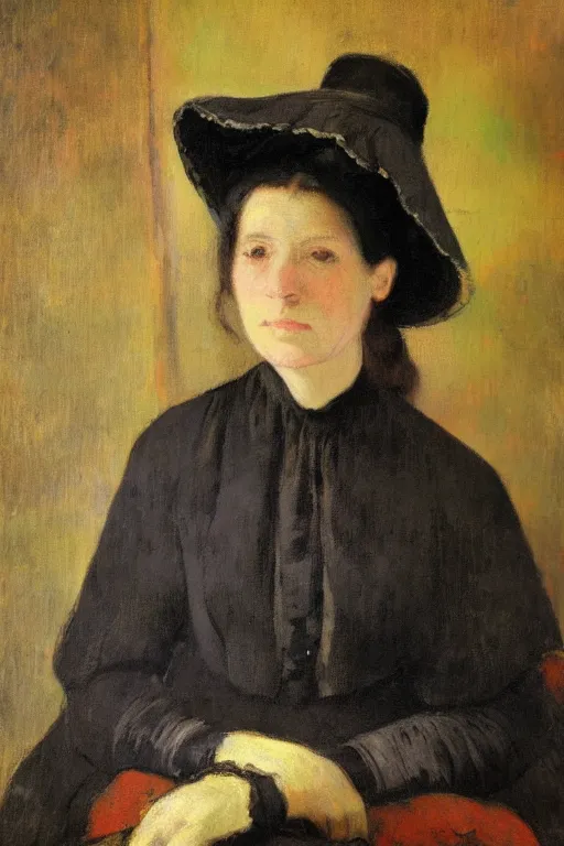 Prompt: Portrait of a Young Victorian widow wearing a black veiled hat in the style of Rembrandt, Paul Gauguin, edge lighting, tonemapped, painterly