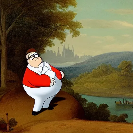 Image similar to Peter Griffin visits 1750 Paris , in the style of the Hudson River School